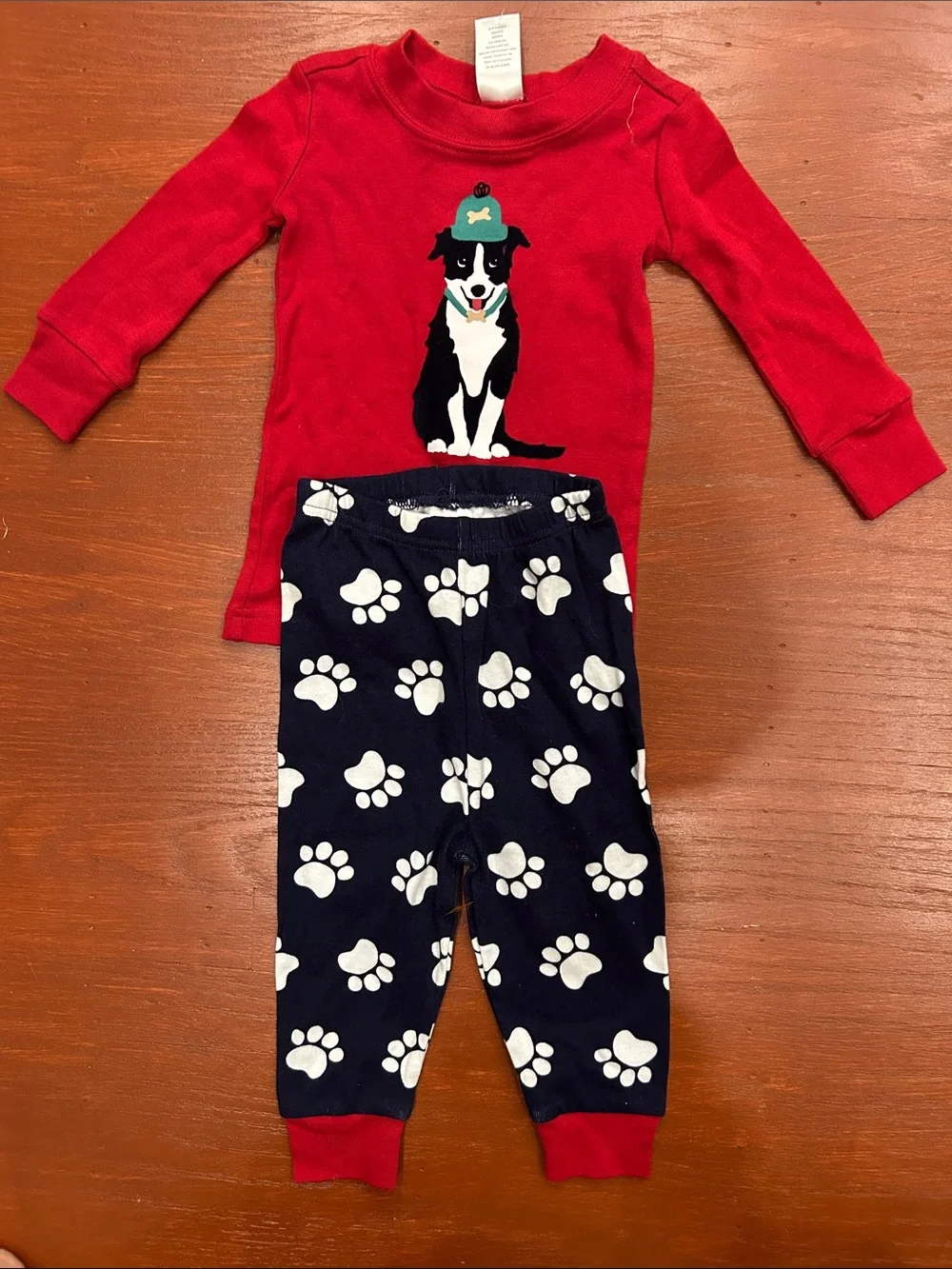 Gymboree Red Top with Navy and White Paw-Print Pants Pajama Set